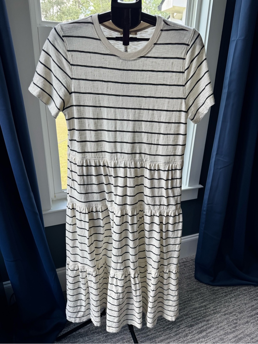Marine Layer Sadie Vintage Slub Tiered Stripe Midi Dress Antique White Large